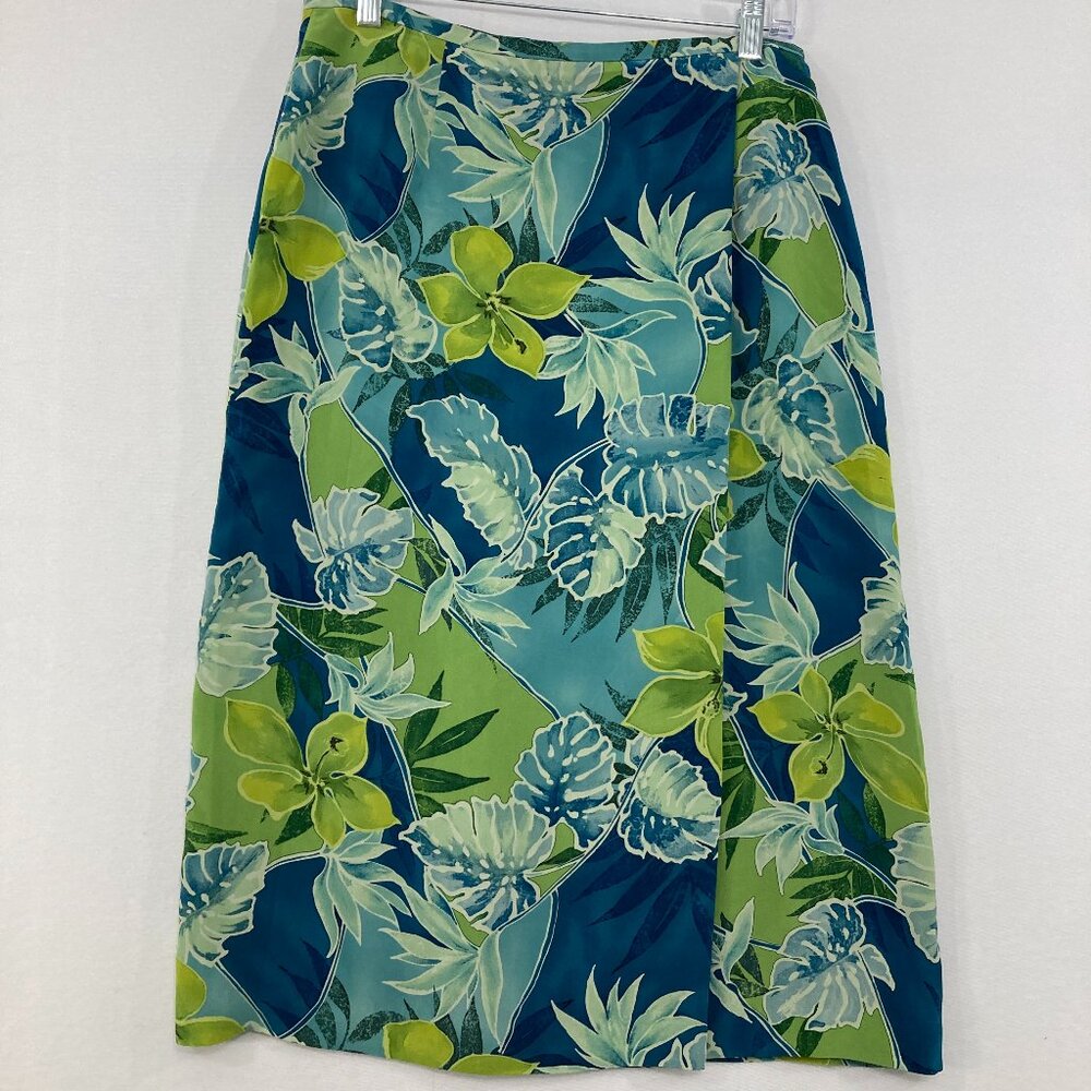 Vintage Nygard sz 12 Petite Green Blue Floral‎ Pure Silk Wrap Skirt Vacation Y2K
